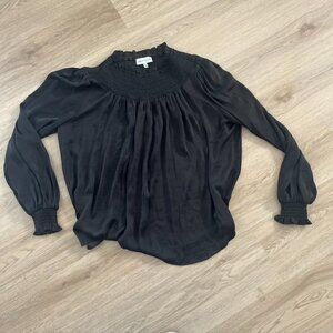 **!Gibson Latimer Black Satin Smocked Peasant Blouse Size M